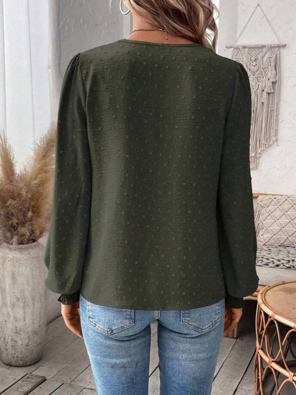 Olive Green Lace Trim Long Sleeve Blouse Festival Shirt Top - Picture 3 of 4